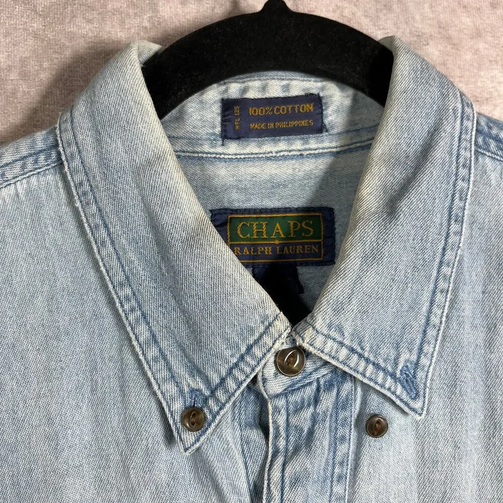 Chaps Ralph Lauren Dress Shirt Mens Size 16.5 34/35 Blue Denim Button Down‎ FLAW